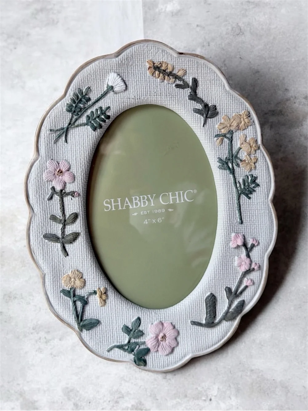 Shabby Chic White Embroidered Floral Oval Photo Frame